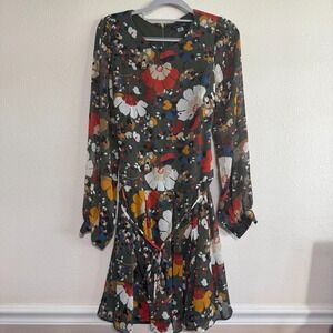 Tommy‎ Hilfiger Tie Waist Dress Women's 4 Olive Green Floral Long Sleeve Pleated